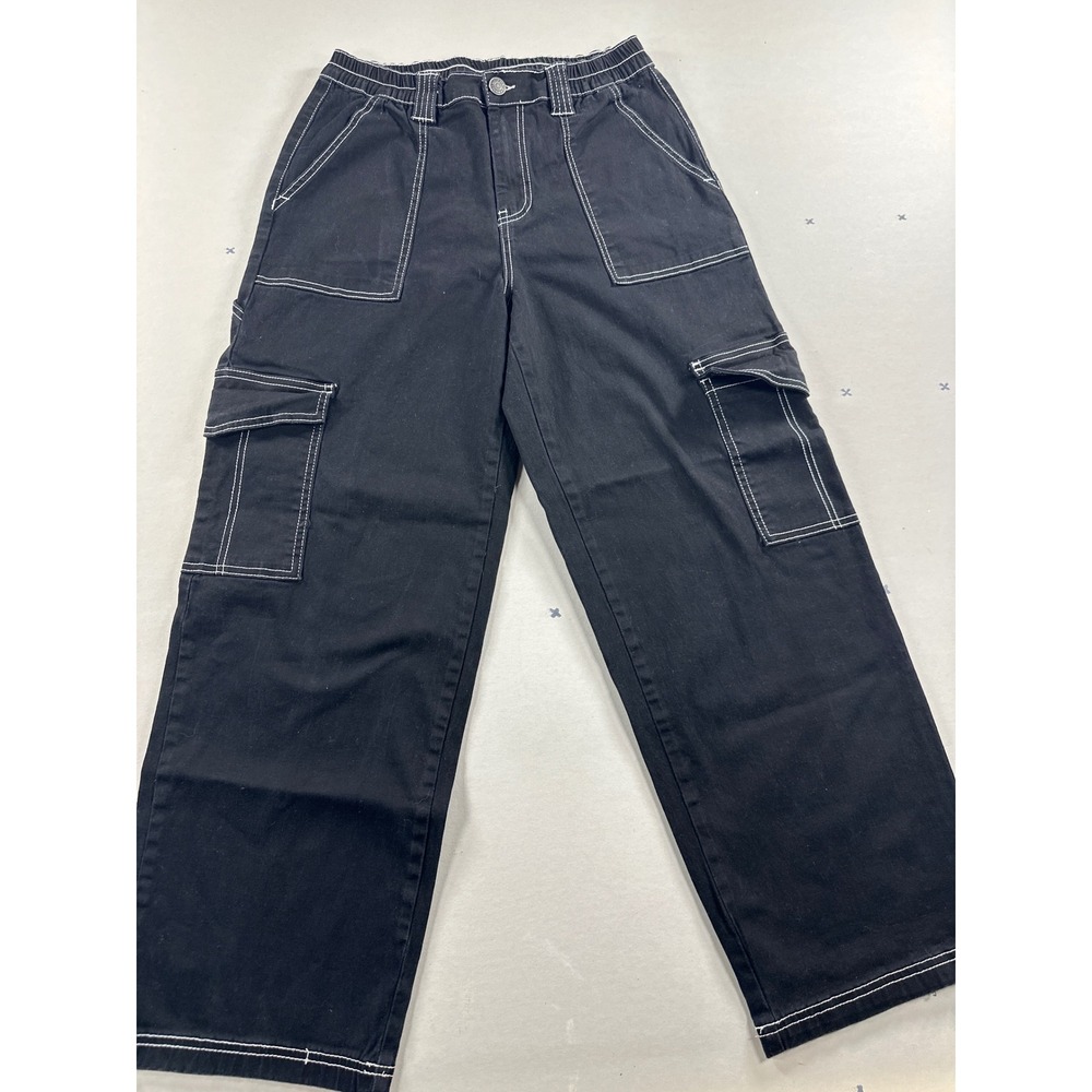 Almost Famous Black Cargo Pants White Contrast Stitch Wide Leg Utility Womens L